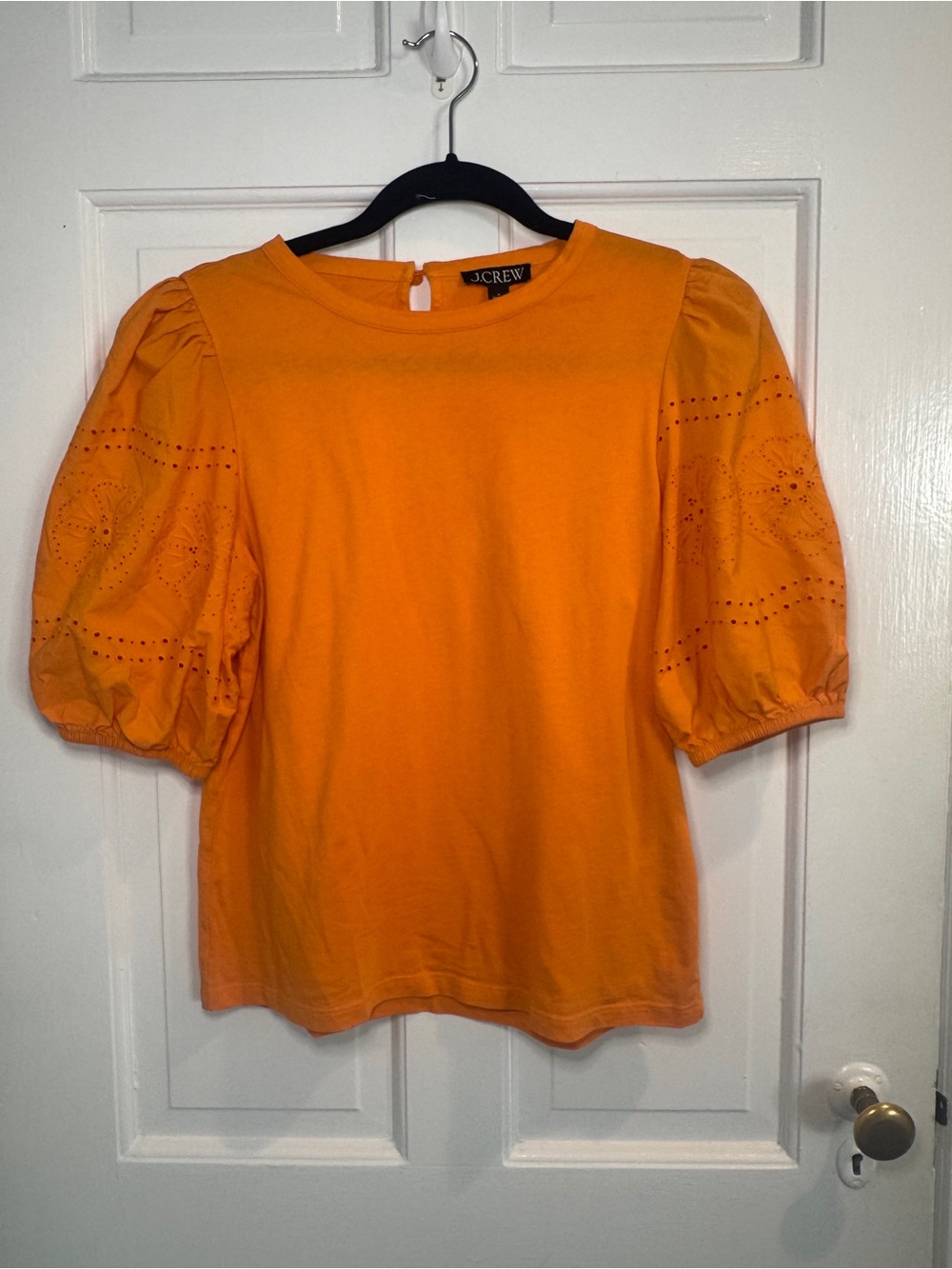 J. Crew Bright Orange Puff-Sleeve Eyelet Knit Tee